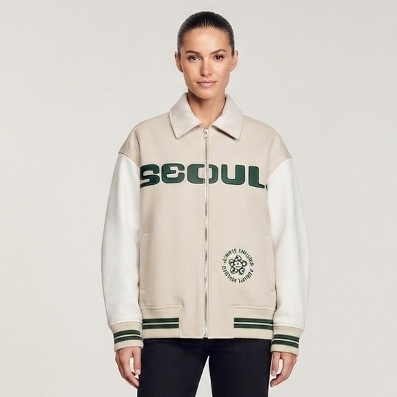 Topshop Jackets & Blazers - Topshop Seoul Varsity Bomber Jacket Cream Green Faux Street Wear Size S